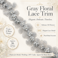 Ruban de dentelle florale grise de 7 cm/2,76 po de large avec fleurs 3D et perles pour couture, robe de mariée, artisanat DIY, décoration, 100 % polyester