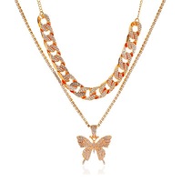 Collier cubain Double couche plein de diamants, grand collier papillon, chaîne épaisse, chaîne de cavalier femme