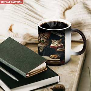 Mug en céramique noir givré 11 oz, tasse à changement de couleur thermique, motif chat lisant, peinture 2D plate - Product Image 3