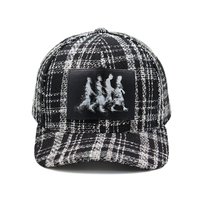 Casquette de baseball ajustable à 6 panneaux en tweed noir et blanc à carreaux, avec patch en PU, pour homme et femme, idéale pour l'automne et l'hiver