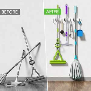 Stainless Steel Eco-Friendly Grey No-Punching Mop and <b>Broom</b> Tool <b>Holder</b> Wall Mount with Multiple Hooks for Kitchen Use - Product Image 3