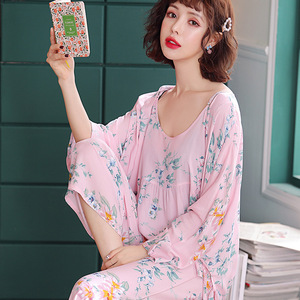 Conjunto de bata de seda y algodón con estampado floral, camisola de manga larga, ropa de dormir para mujer, ropa de dormir de verano estilo coreano - Product Image 4