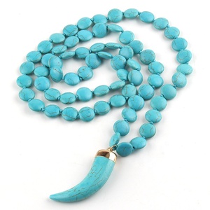 Collar de Moda para Mujer, Estilo Bohemio Tribal, con Piedra Turquesa Redonda Plana, Largo, con Nudo, Colgante de Cuerno de Buey - Product Image 5