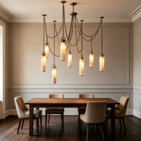 Lustre multi-têtes en albâtre espagnol, finition laiton vintage, lampe de luxe pour salle à manger, salon et projets hôteliers