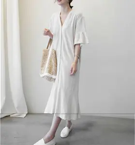 Wholesale hot 2024 spring and summer new loose large size V-neck cotton and linen dress long linen shirt skirt