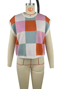 Suéter a cuadros de punto con cuello redondo de manga corta recortado informal de verano para mujer - Product Image 4