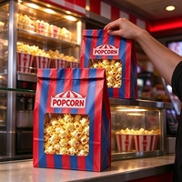 Sac en papier kraft pour pop-corn avec fenêtre transparente, sac en papier à dessus torsadé rayé rouge et bleu pour l'emballage de collations de cinéma