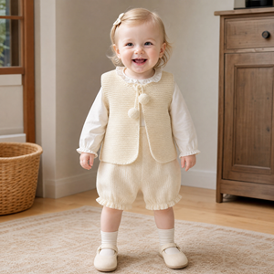 <strong>Toddler</strong> Knit Waistcoat Simple Sweet Pastoral Skin Friendly Chunky Knit Pom Pom Tie Sleeveless Knit <strong>Gilet</strong> - Product Image 1