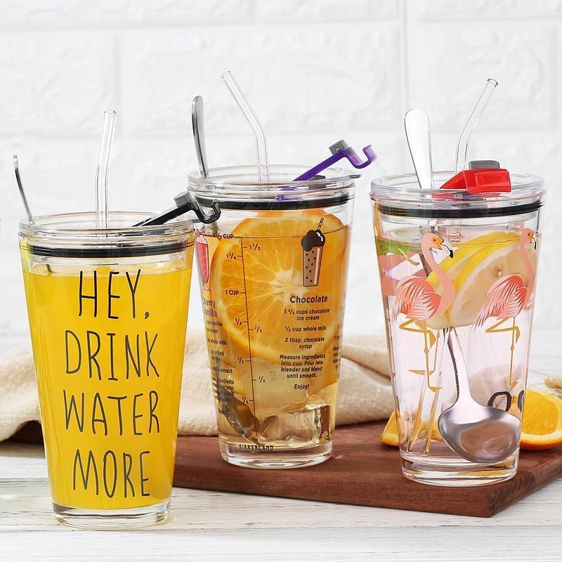480ml Drinking glass cup with lid  with straw