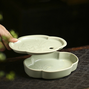 Bandeja Decorativa de Cerámica Estilo Chino con Patrón de Plantas, Forma Irregular, Superficie Esmaltada, para Servir Té y Decoración del Hogar - Product Image 1