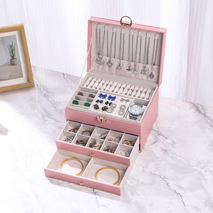 Wholesale Large Rectangle 2 Layer Jewelry <b>Box</b> <b>Lock</b> Women Rings Earrings Necklaces Storage Organizer Pu Leather - Product Image 3