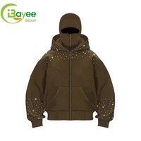 Sweat à capuche balaclava surdimensionné personnalisé avec fermeture éclair intégrale, en polaire et coton, style ninja masqué avec strass, streetwear pour homme
