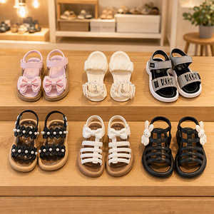Hot Selling Wholesale Summer Girls Sandals PU <b>Kids</b> Casual <b>Shoes</b> Cute Bow Pearl Flower Decoration Buckle Strap - Product Image 1