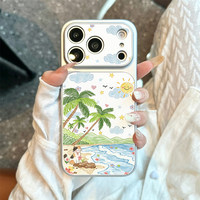 Coque de téléphone portable en cuir motif chat de plage mignon, coque arrière blanche Corning pour iPhone 16 12 15 17 Air 18 Pro Max