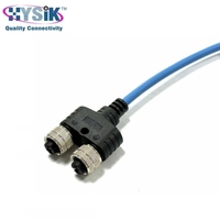 Kabel Y-Branch Overmolded Biru M12 A-coding Female ke Dual Male 2 Pin 1.5M PUR IP67 untuk Industri