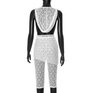 Set di <span class=keywords><strong>pantaloni</strong></span> in due pezzi in pizzo bianco elasticizzato Sexy con scollatura a V profonda senza schienale con cappuccio - Product Image 6