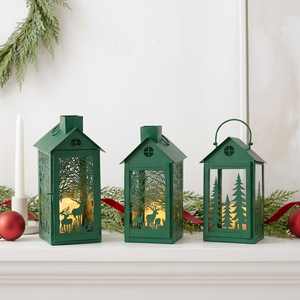 Decoración Navideña 2026, Faroles de Metal con Forma de Casa en Color Verde, con Recortes de Ciervos y Árboles - Product Image 3