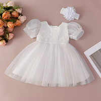 Vente en gros de robes de baptême en coton blanc avec bandeau brodé en dentelle robe de baptême élégante pour bébé fille