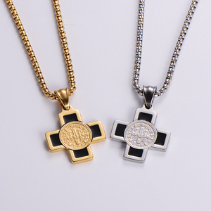 Collier croix Saint Benoît en or 18 carats, pendentif religieux en acier inoxydable avec chaîne en forme de boîte, <span class=keywords><strong>style</strong></span> chrétien tendance - Product Image 3