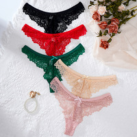 Culotte string sexy en dentelle pour femme, à bords festonnés, ajourée, avec nœud, taille mi-haute, respirante, broderie florale, lingerie