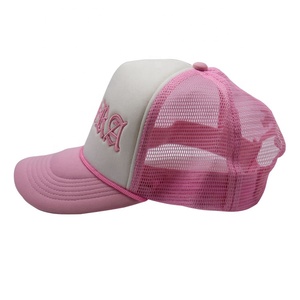 Tùy chỉnh màu Hồng bọt lưới trucker cap 5-panel hat với cong nhung vành 3D thêu logo Jersey vải phổ biến mô hình loại - Product Image 3