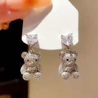 Boucles d'oreilles pendantes en alliage léger de luxe avec zircon en forme de cœur, motif ours de dessin animé mignon, romantiques, tendance, haut de gamme, exquises, style noble, pour soirée