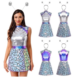 Disfraz de alienígena espacial para mujer, falda holográfica de vidrio rotado, vestido metálico, conjuntos de diadema, vestido de fiesta galáctico para escenario, personalizado - Product Image 1