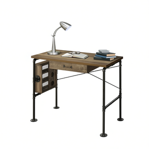Scrivania in rovere anticato con 1 cassetto e struttura in metallo, scrivania per computer, mobili per ufficio domestico - Product Image 1