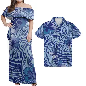 Mooie Paar Kleren Ontwerp Wedstrijd Kleding 2 Stuks Set Polynesische Ontwerp Print Mannen Shirt En Dames Ruche Mouw Jurk Nieuwe arrivals