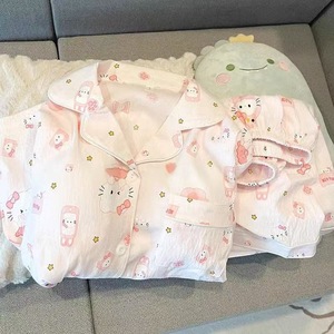 Cárdigan con frente abierto de verano, pijama de manga corta con solapa, ropa de dormir de dibujos animados, 2 unids/set para niñas y jóvenes - Product Image 3