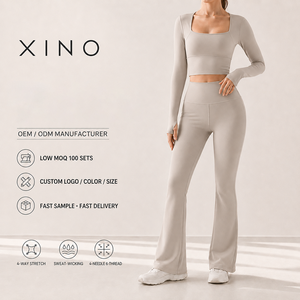 Set Yoga Personalizzato con Logo OEM, Maniche Lunghe, Collo Quadrato, Vita Alta, <span class=keywords><strong>Leggings</strong></span> a Zampa Elasticizzati in <span class=keywords><strong>4</strong></span> Direzioni, Completo Sportivo da <span class=keywords><strong>Donna</strong></span> in 2 Pezzi - Product Image 1