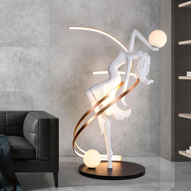 Modern Human Figurine Artistic Sculpture LED Floor Lamp Resin Fiberglass Construction Glass Shade 3000K Warm White Light Lamps