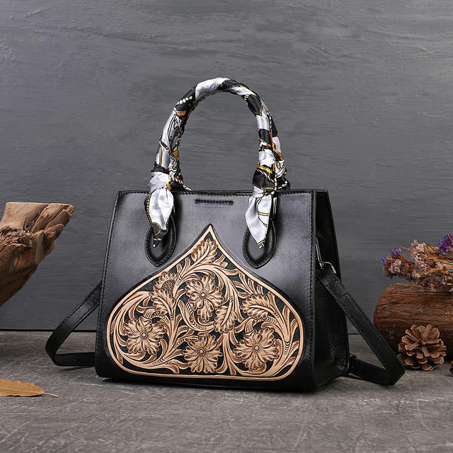 Genuine Leather High-End Carved Leather Handbag Ethnic Style Women's Shoulder Leather Lady Bag Texture Square Tote Bag for Sale