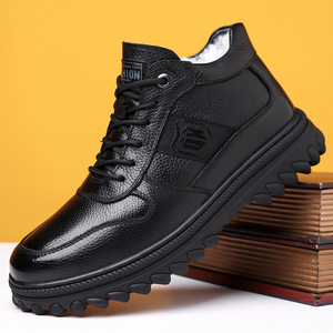Bottes d'hiver en cuir véritable pour hommes, hauteur cheville, bout rond, doublure en fourrure, semelle en caoutchouc antidérapante, bottines chaudes - Product Image 1