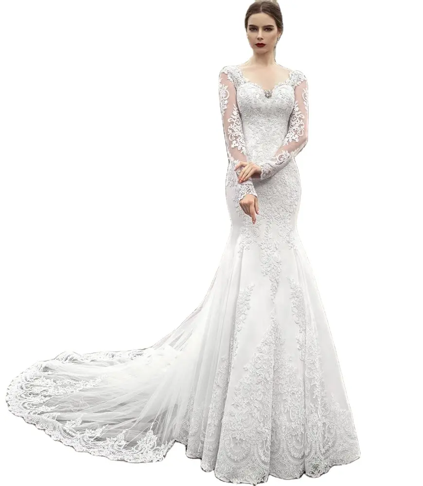 Uzun kollu düğün elbisesi marka afrika gelinlik Mermaid gelin düğün elbisesi Fishtail dantel aplikler gelin elbise A190