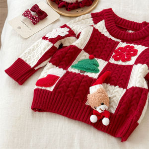 Girls Christmas Sweater Red White Checkered Thickened Cotton Round Neck Holiday Top - Product Image 3