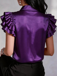 Nouvelle <span class=keywords><strong>Blouse</strong></span> d'été à revers en satin à volants et manches courtes pour <span class=keywords><strong>femme</strong></span> - Product Image 6