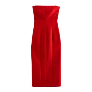 קיץ סגנון סטרפלס חזרה סדק שרוולים אדום צבע צנוע מקרית נשים שמלה