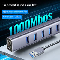 Concentrador USB 3,0 de aleación de aluminio 6 en 1 de alta calidad con adaptador LAN RJ45 Gigabit Ethernet para ordenador portátil/PC-en stock
