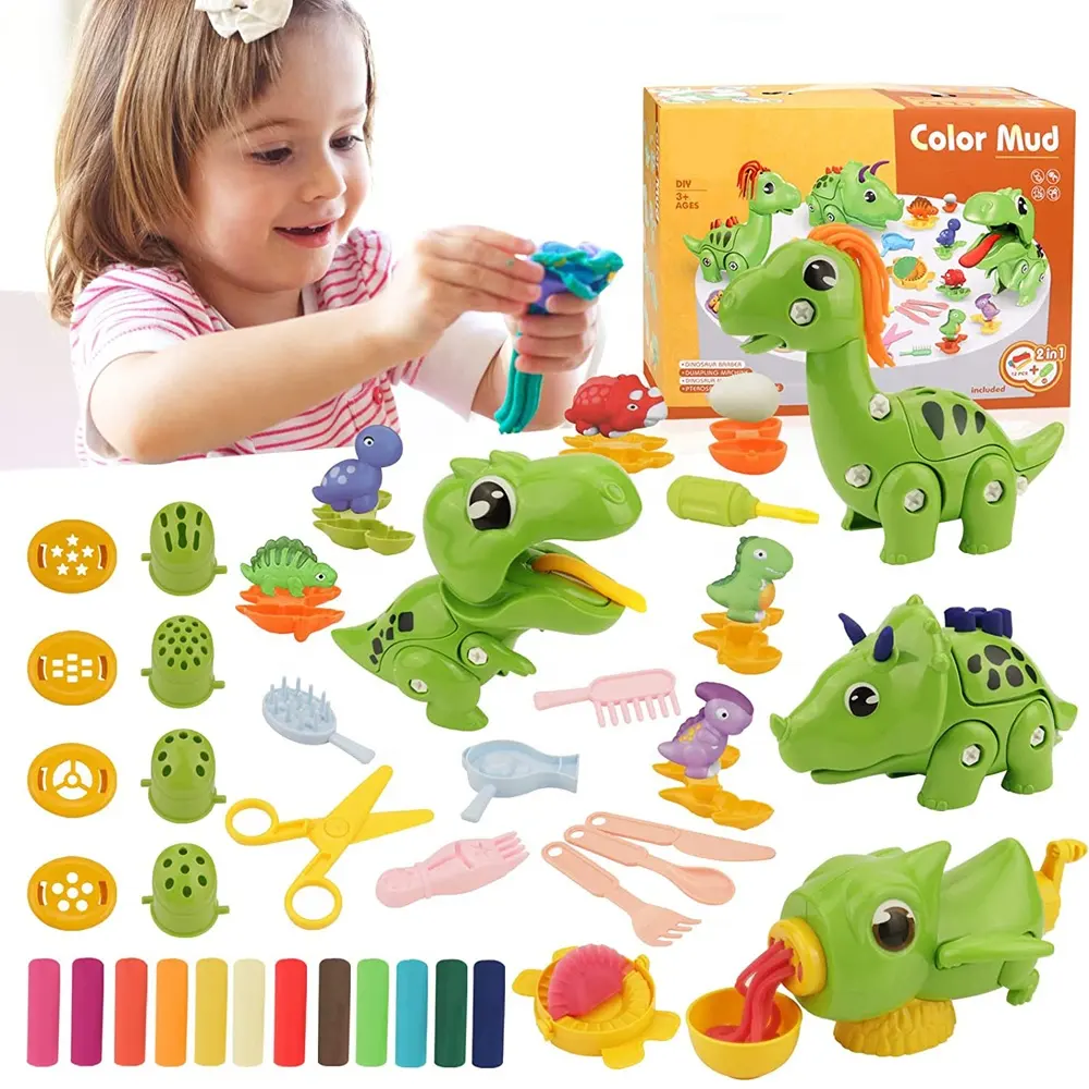 Il più nuovo set di pasta da gioco giocattolo dinosauro smontabile fai-da-te con kit di stampi per argilla e strumenti colorati da 12 pezzi per i più piccoli