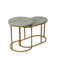 Ensemble de 2 tables basses de style farmhouse extensibles et convertibles, ovales et rondes, en marbre blanc et métal, pour salon moderne