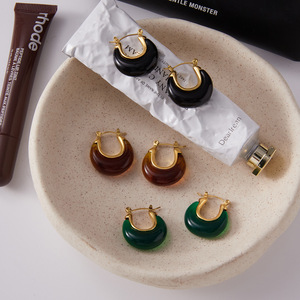 Huggie <b>Earrings</b> Resin Geometric Design Gold Tone Black Green Brown Color Stainless Steel Ear <b>Post</b> Fashion Jewelry - Product Image 4