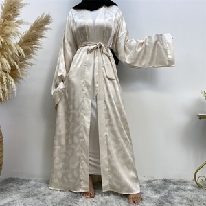 1948# Satin Material Islamic Muslim Feather Print Solid Color Border Loose Sleeves Women Summer Cardigan - Product Image 3