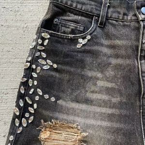 Custom logo Summer Diamonds Rhinestone Jeans Short Raw Hem Ripped Hole Fashion Shorts Vintage Washed Distressed Denim Shorts - Product Image 4