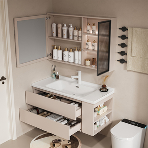 Innovador tocador moderno de Baño de hotel montado en la pared que ahorra espacio con encimera integrada y sistema de almacenamiento multifuncional - Product Image 1