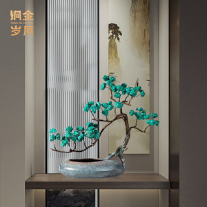 Adorno de pino de cobre y oro con piedras, arte metálico hecho a mano, florero de mesa, decoración del hogar - Product Image 1
