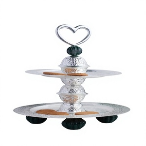 Soporte de Pastel de Aluminio de Dos Niveles con Asa en Forma de Corazón, Platos con Acabado Plateado Hechos a Mano, Base Decorativa con Bola de Piedra Verde, Certificado CE para el Hogar - Product Image 1