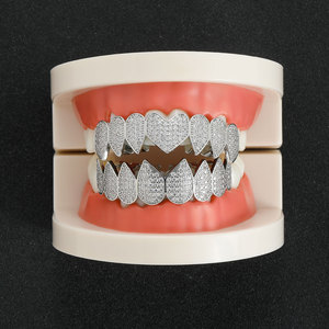 BES Tooth <span class=keywords><strong>Grilz</strong></span> Coeur Forme Laiton Métal Micro Pave Full CZ <span class=keywords><strong>Grilz</strong></span> Haut et Bas Fang Grills Dents Hip Hop Bijoux - Product Image 5