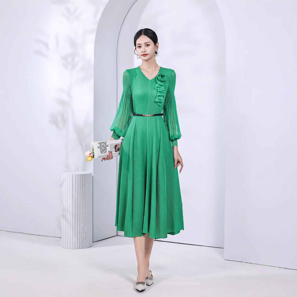 Pleated Elegant Korea Style Ladies Dresses Party Bodycon Plus Size Flower  Women'S Long Maxi Casual Office Dress with Belt| Alibaba.com