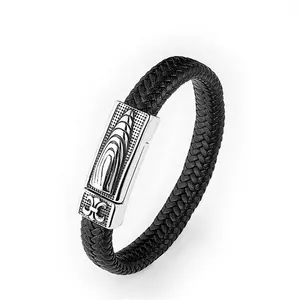 Wholesale Men Jewelry Black Stainless Steel Bullet Celtic Custom Leather Bracelet